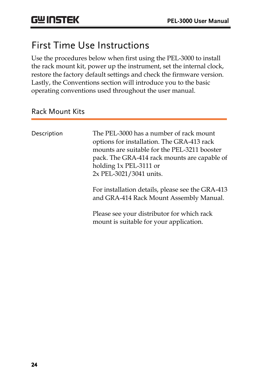 First time use instructions, Rack mount kits | GW Instek PEL-3000 Series User Manual User Manual | Page 26 / 215