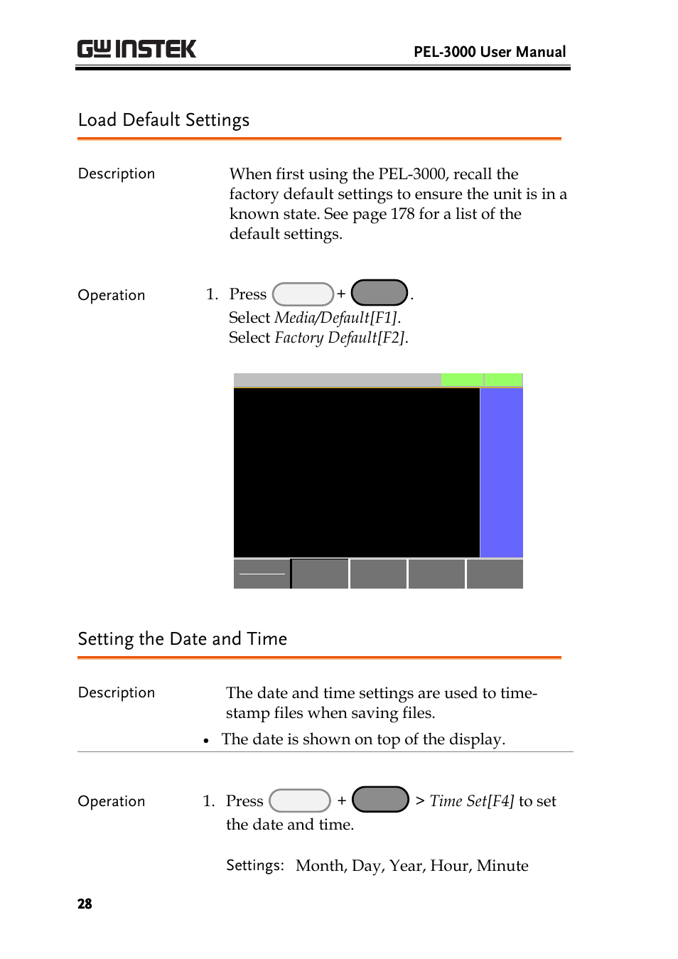 Load default settings, Setting the date and time, Load default setup | GW Instek PEL-3000 Series User Manual User Manual | Page 30 / 215