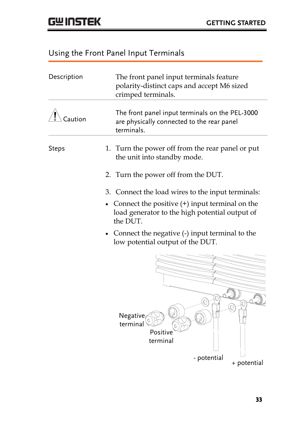 Using the front panel input terminals | GW Instek PEL-3000 Series User Manual User Manual | Page 35 / 215