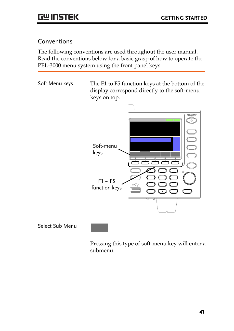 Conventions, Getting started, F1 ~ f5 function keys soft-menu keys | Select sub menu | GW Instek PEL-3000 Series User Manual User Manual | Page 43 / 215