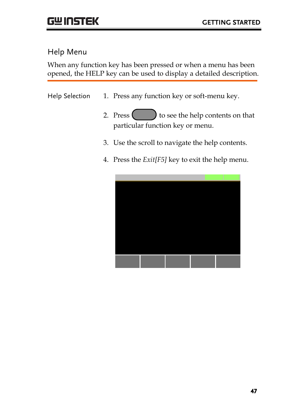 Help menu, Getting started | GW Instek PEL-3000 Series User Manual User Manual | Page 49 / 215