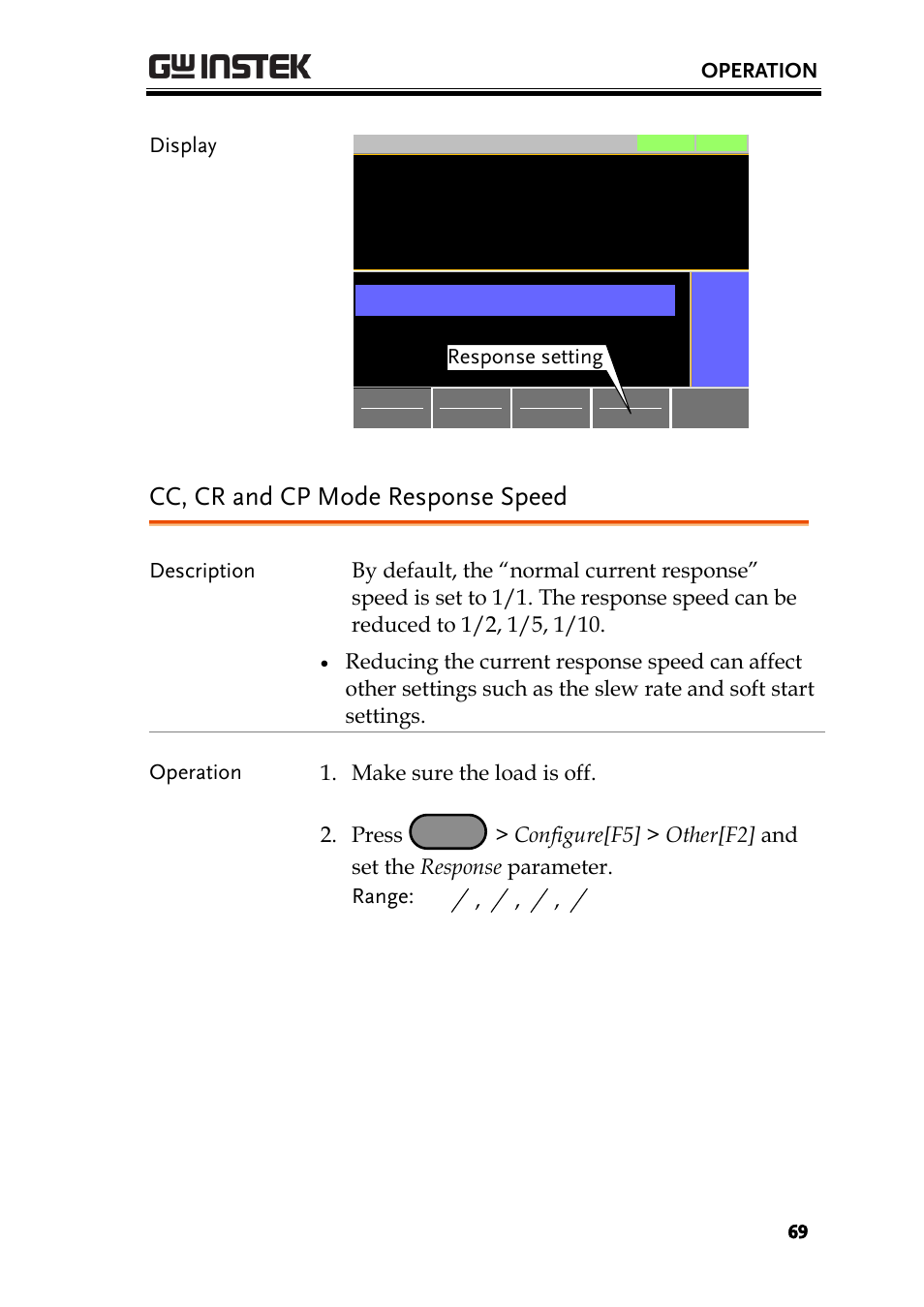 Cc, cr and cp mode response speed | GW Instek PEL-3000 Series User Manual User Manual | Page 71 / 215