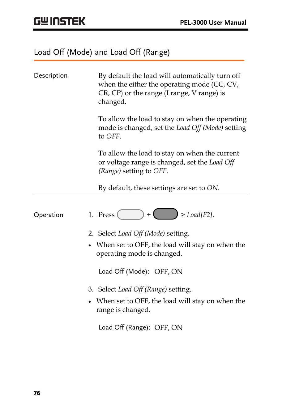 Load off (mode) and load off (range) | GW Instek PEL-3000 Series User Manual User Manual | Page 78 / 215