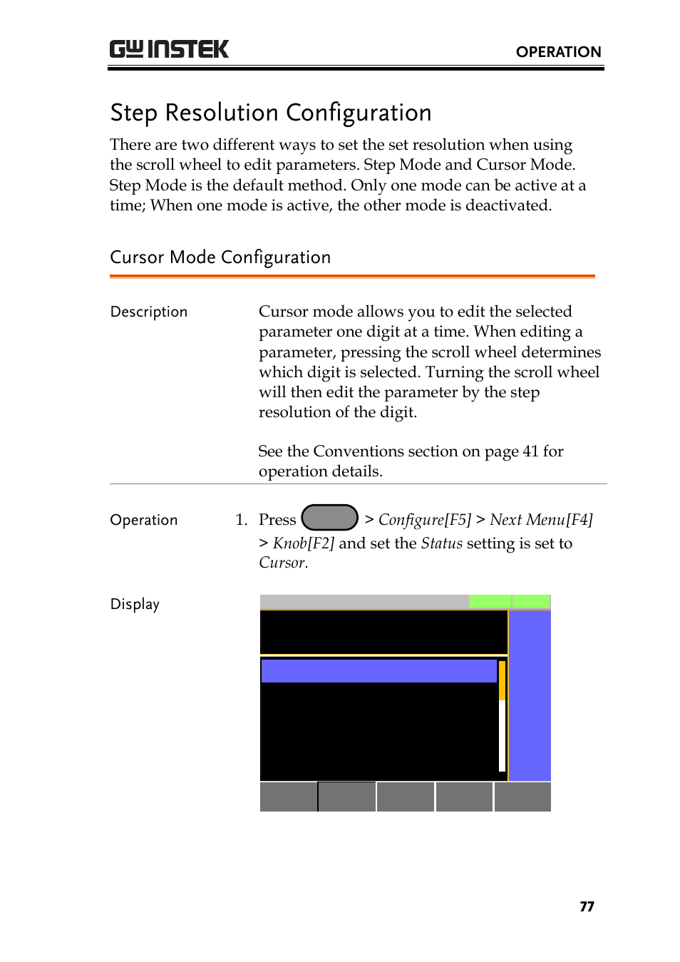 Step resolution configuration, Cursor mode configuration | GW Instek PEL-3000 Series User Manual User Manual | Page 79 / 215