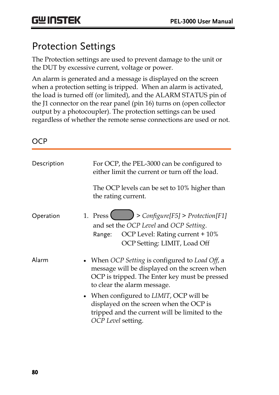Protection settings | GW Instek PEL-3000 Series User Manual User Manual | Page 82 / 215