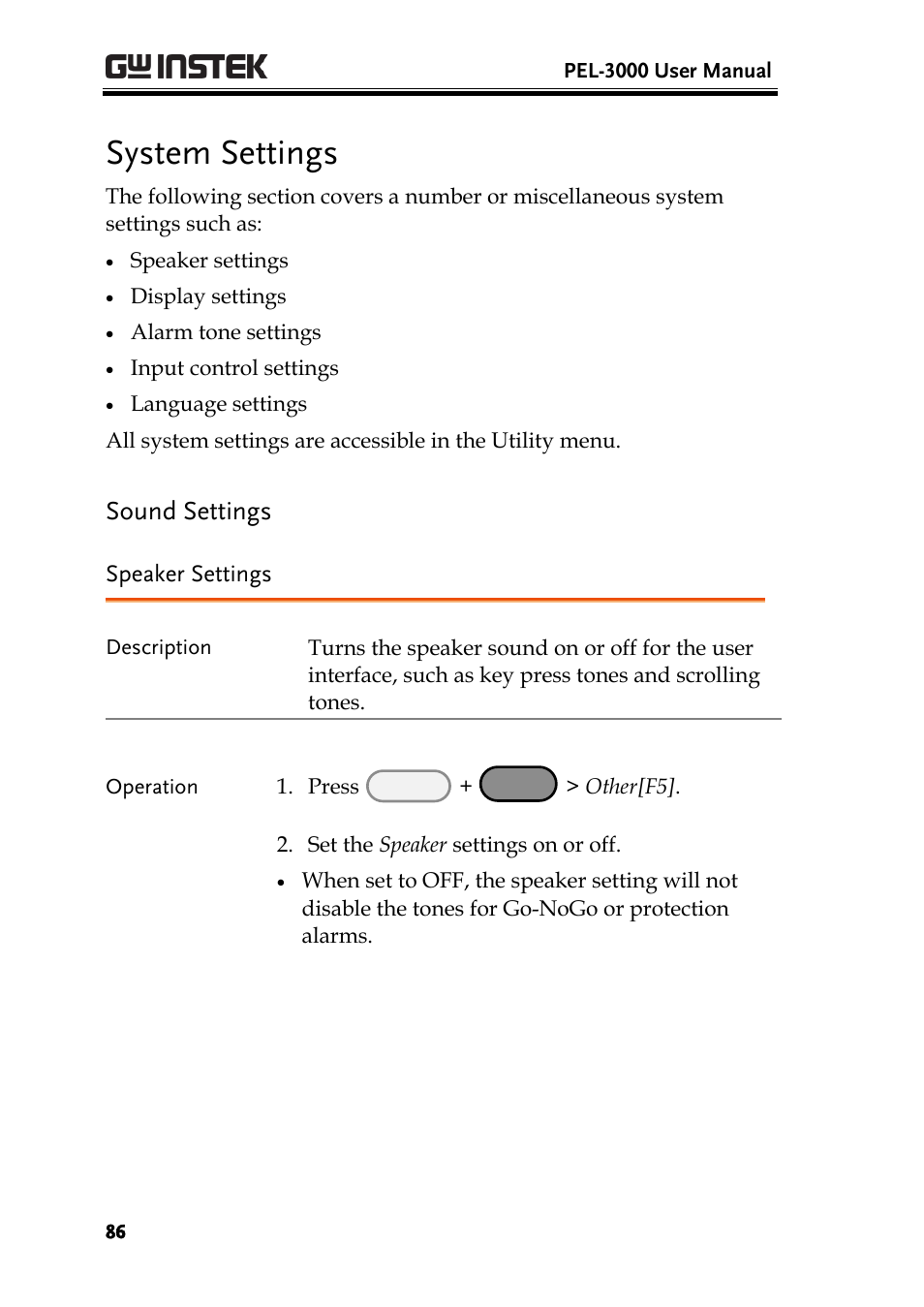 System settings, Sound settings | GW Instek PEL-3000 Series User Manual User Manual | Page 88 / 215