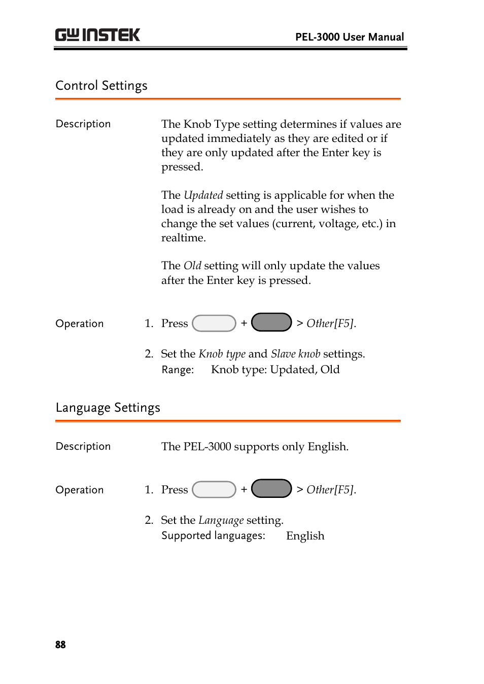 Control settings, Language settings | GW Instek PEL-3000 Series User Manual User Manual | Page 90 / 215