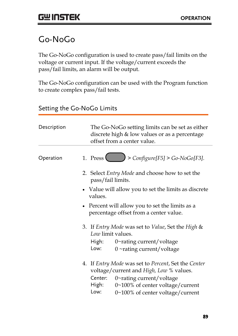 Go-nogo, Setting the go-nogo limits | GW Instek PEL-3000 Series User Manual User Manual | Page 91 / 215