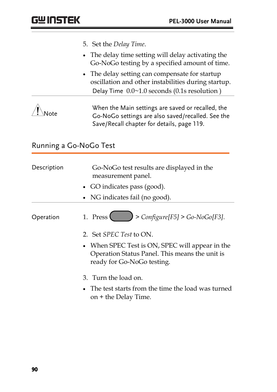 Running a go-nogo test | GW Instek PEL-3000 Series User Manual User Manual | Page 92 / 215