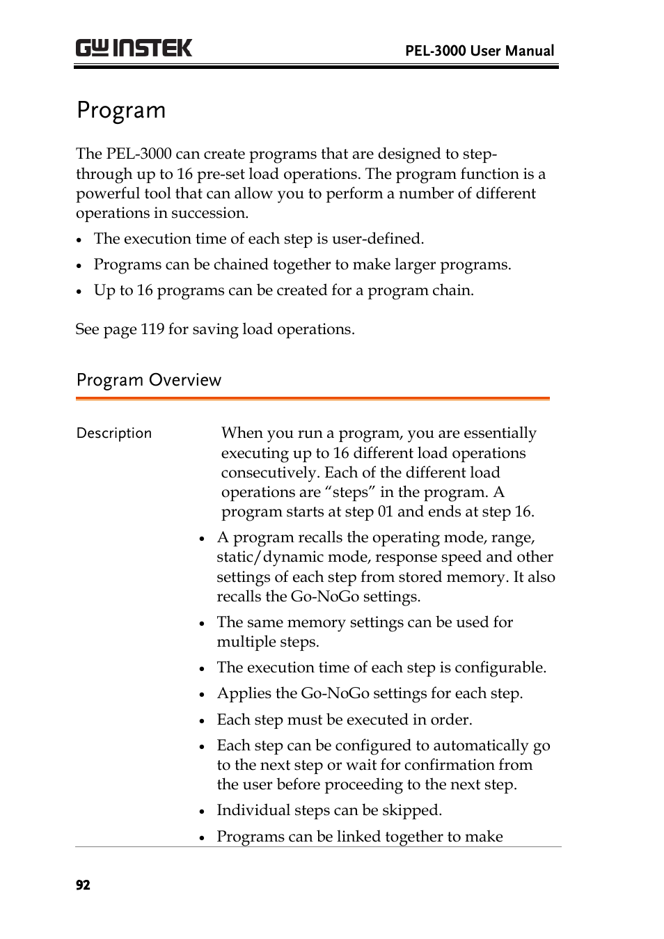 Program, Program overview | GW Instek PEL-3000 Series User Manual User Manual | Page 94 / 215