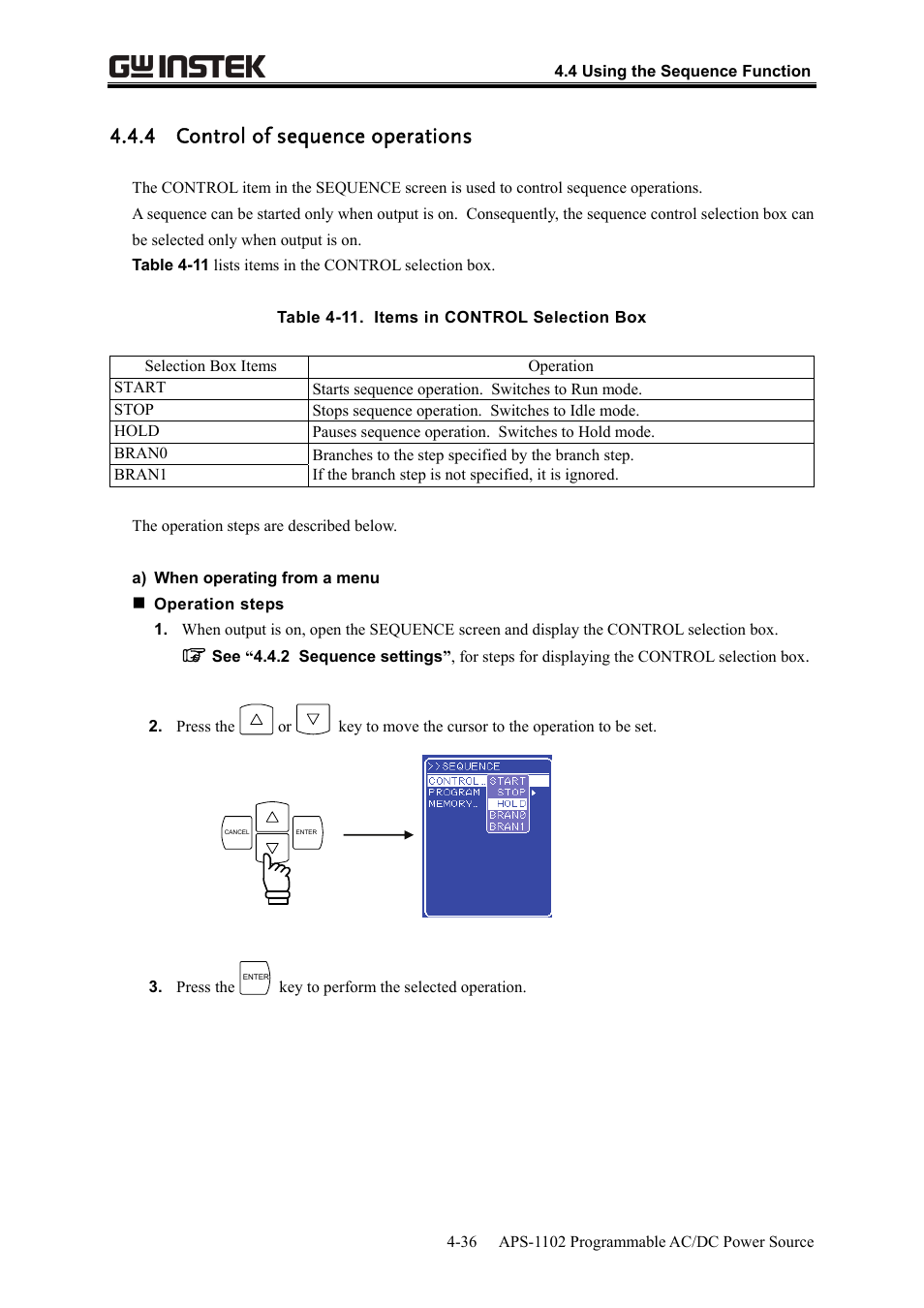 4 control of sequence operations | GW Instek APS-1102 User Manual User Manual | Page 100 / 265