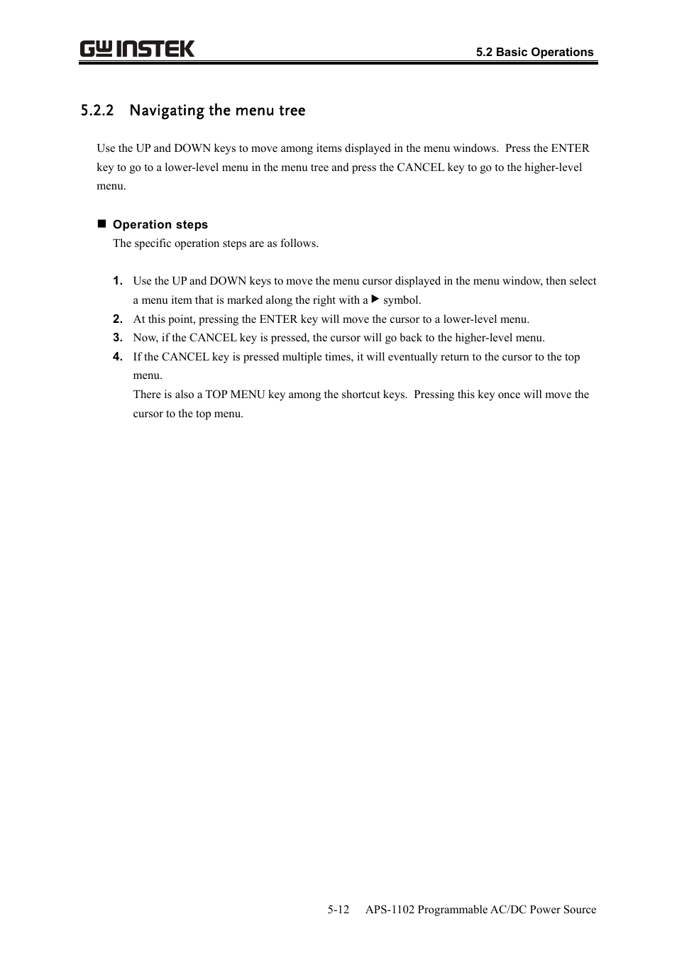 2 navigating the menu tree | GW Instek APS-1102 User Manual User Manual | Page 138 / 265