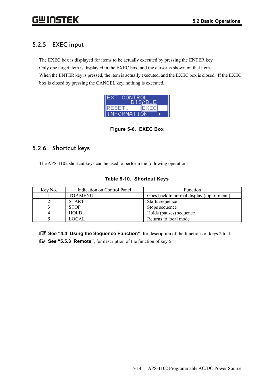 5 exec input, 6 shortcut keys | GW Instek APS-1102 User Manual User Manual | Page 140 / 265