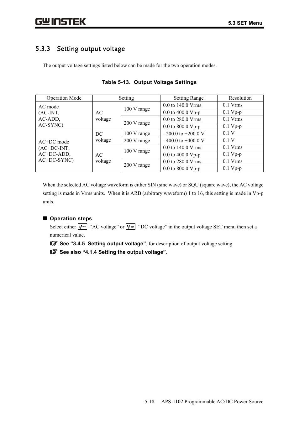 3 setting output voltage | GW Instek APS-1102 User Manual User Manual | Page 144 / 265