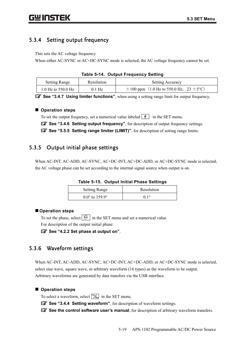 4 setting output frequency, 5 output initial phase settings, 6 waveform settings | GW Instek APS-1102 User Manual User Manual | Page 145 / 265