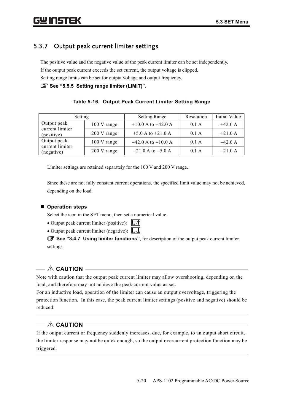 7 output peak current limiter settings | GW Instek APS-1102 User Manual User Manual | Page 146 / 265