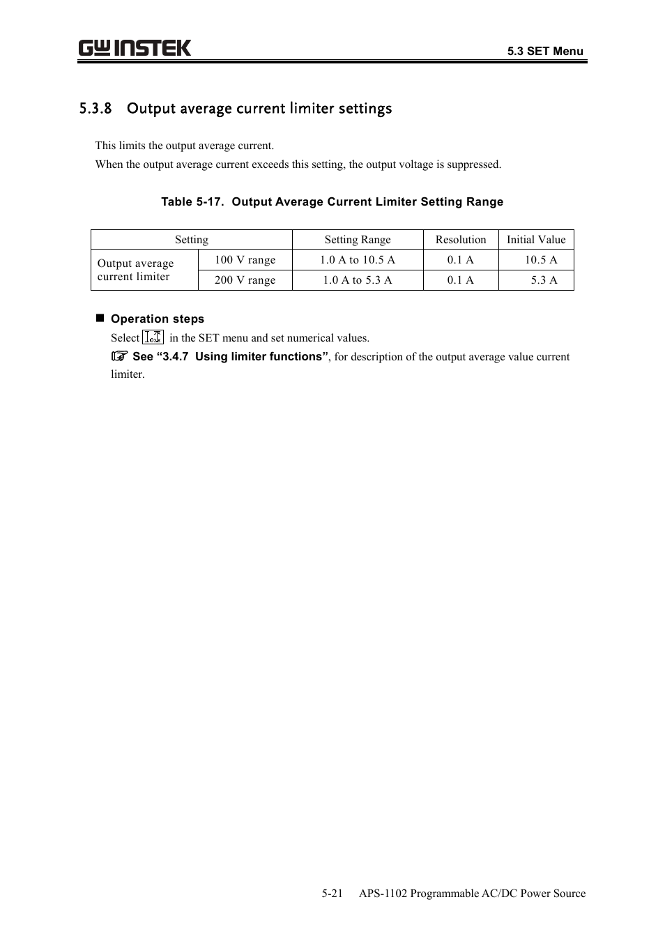 8 output average current limiter settings | GW Instek APS-1102 User Manual User Manual | Page 147 / 265