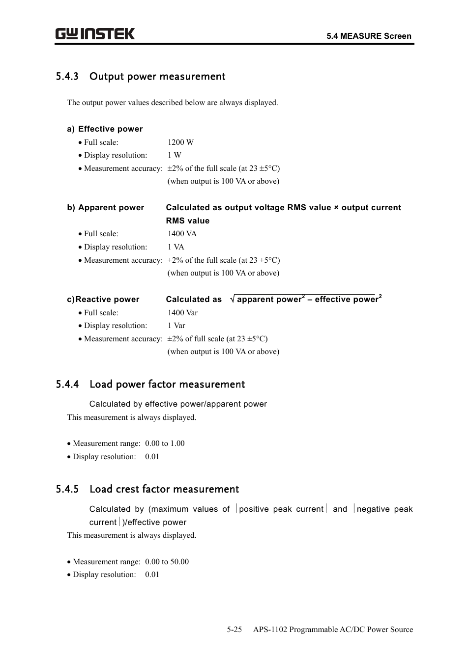 3 output power measurement, 4 load power factor measurement, 5 load crest factor measurement | GW Instek APS-1102 User Manual User Manual | Page 151 / 265