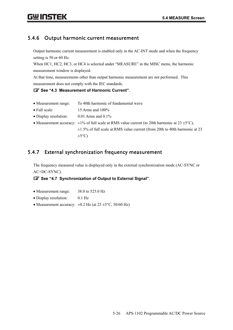 6 output harmonic current measurement, 7 external synchronization frequency measurement | GW Instek APS-1102 User Manual User Manual | Page 152 / 265