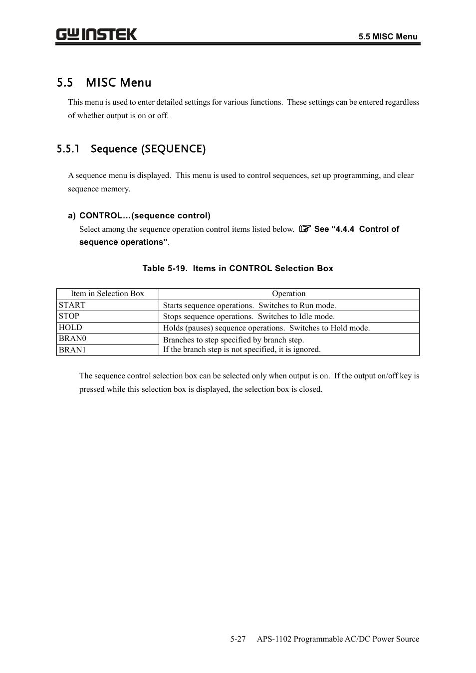 5 misc menu, 1 sequence (sequence) | GW Instek APS-1102 User Manual User Manual | Page 153 / 265