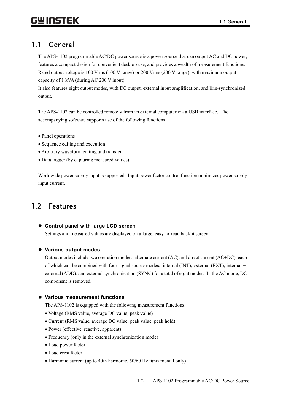 1 general, 2 features | GW Instek APS-1102 User Manual User Manual | Page 16 / 265