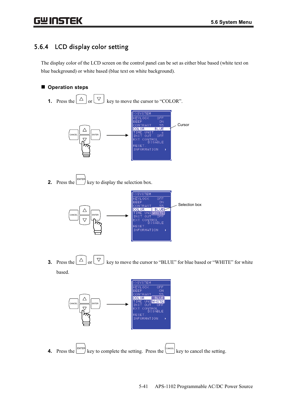 4 lcd display color setting | GW Instek APS-1102 User Manual User Manual | Page 167 / 265