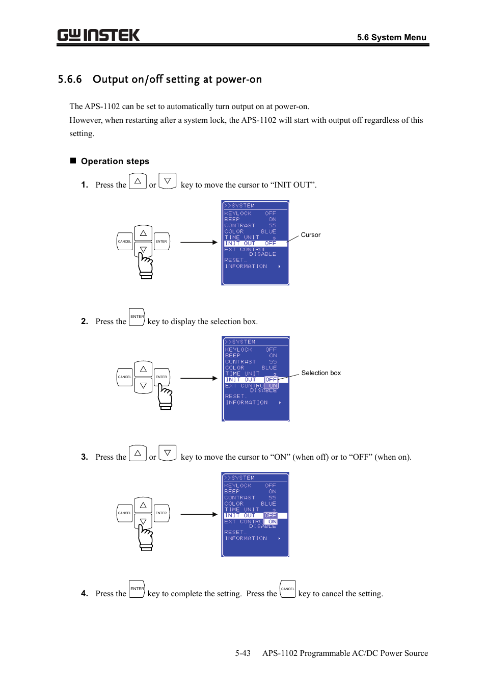 6 output on/off setting at power-on | GW Instek APS-1102 User Manual User Manual | Page 169 / 265