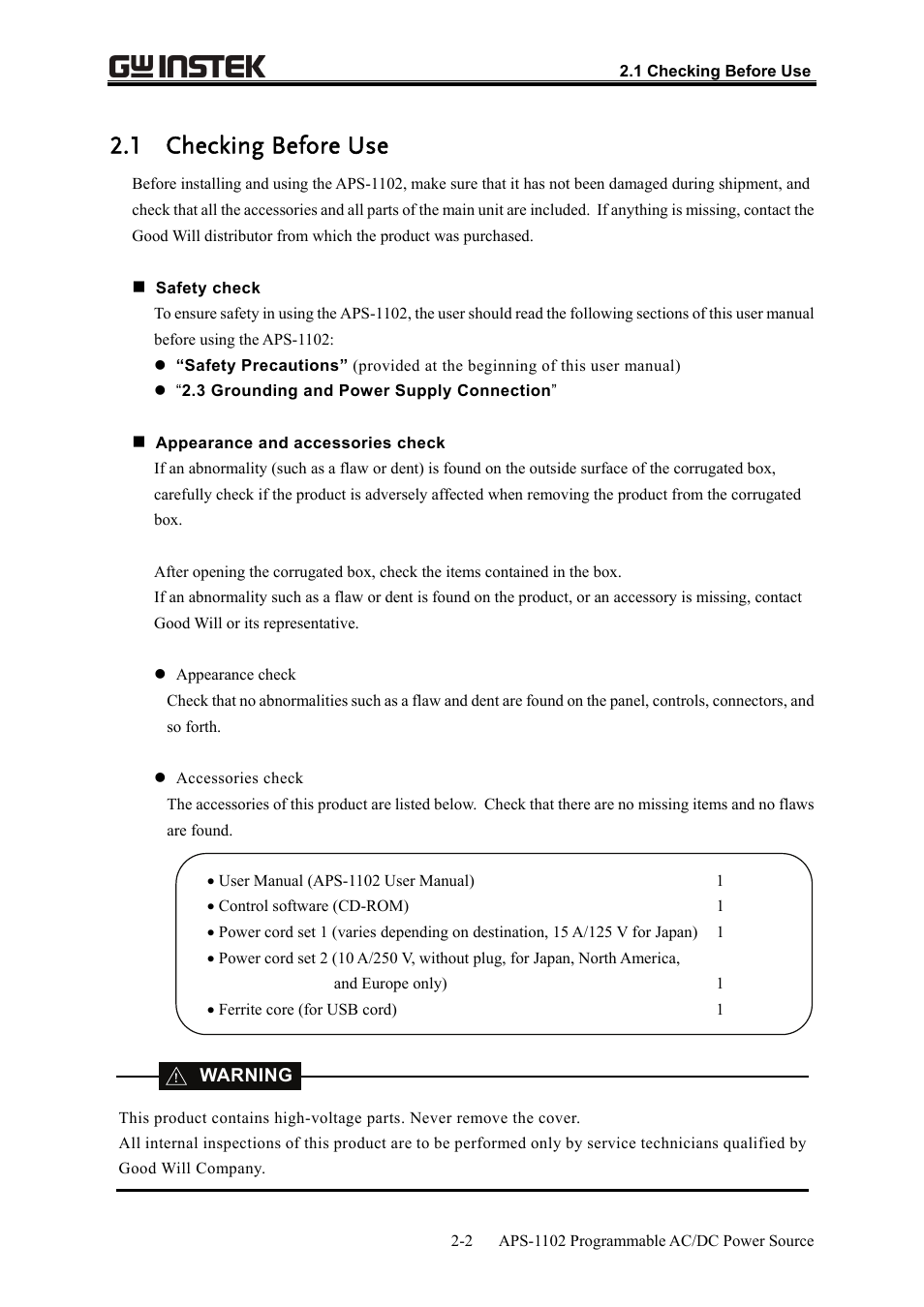 1 checking before use | GW Instek APS-1102 User Manual User Manual | Page 22 / 265