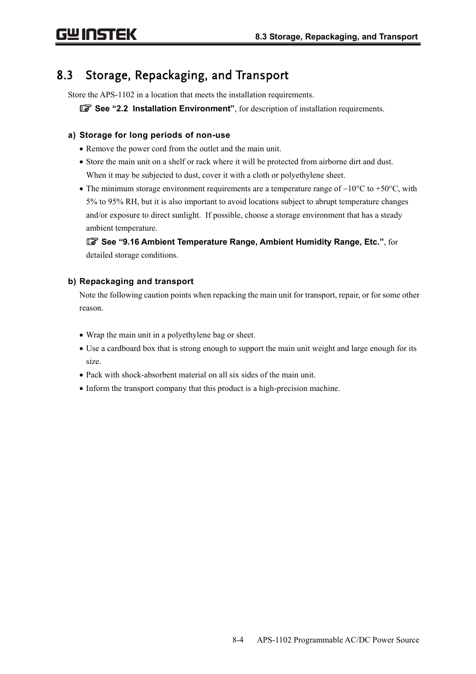 3 storage, repackaging, and transport | GW Instek APS-1102 User Manual User Manual | Page 244 / 265