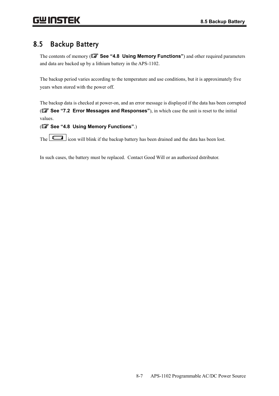 5 backup battery | GW Instek APS-1102 User Manual User Manual | Page 247 / 265