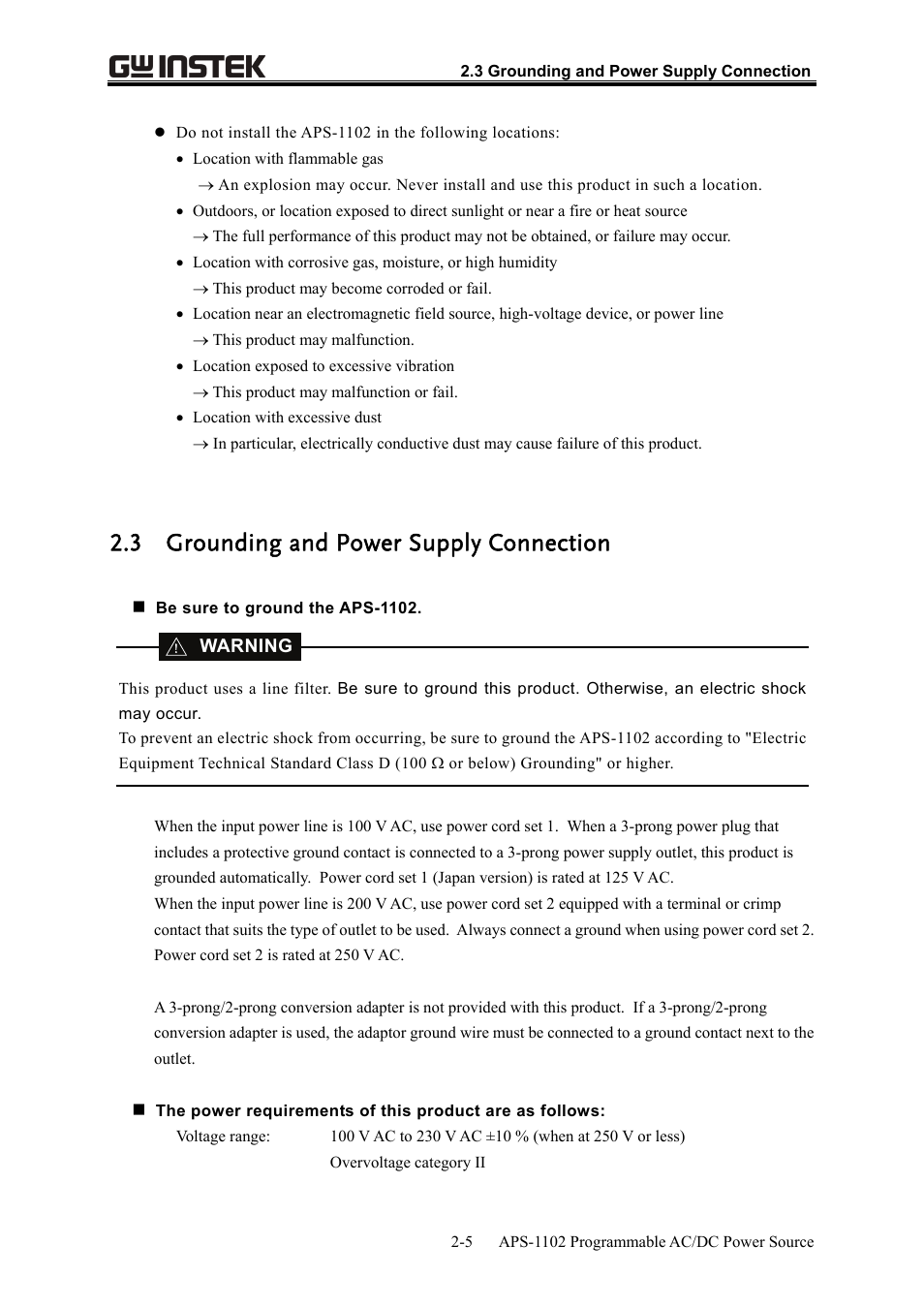 3 grounding and power supply connection | GW Instek APS-1102 User Manual User Manual | Page 25 / 265