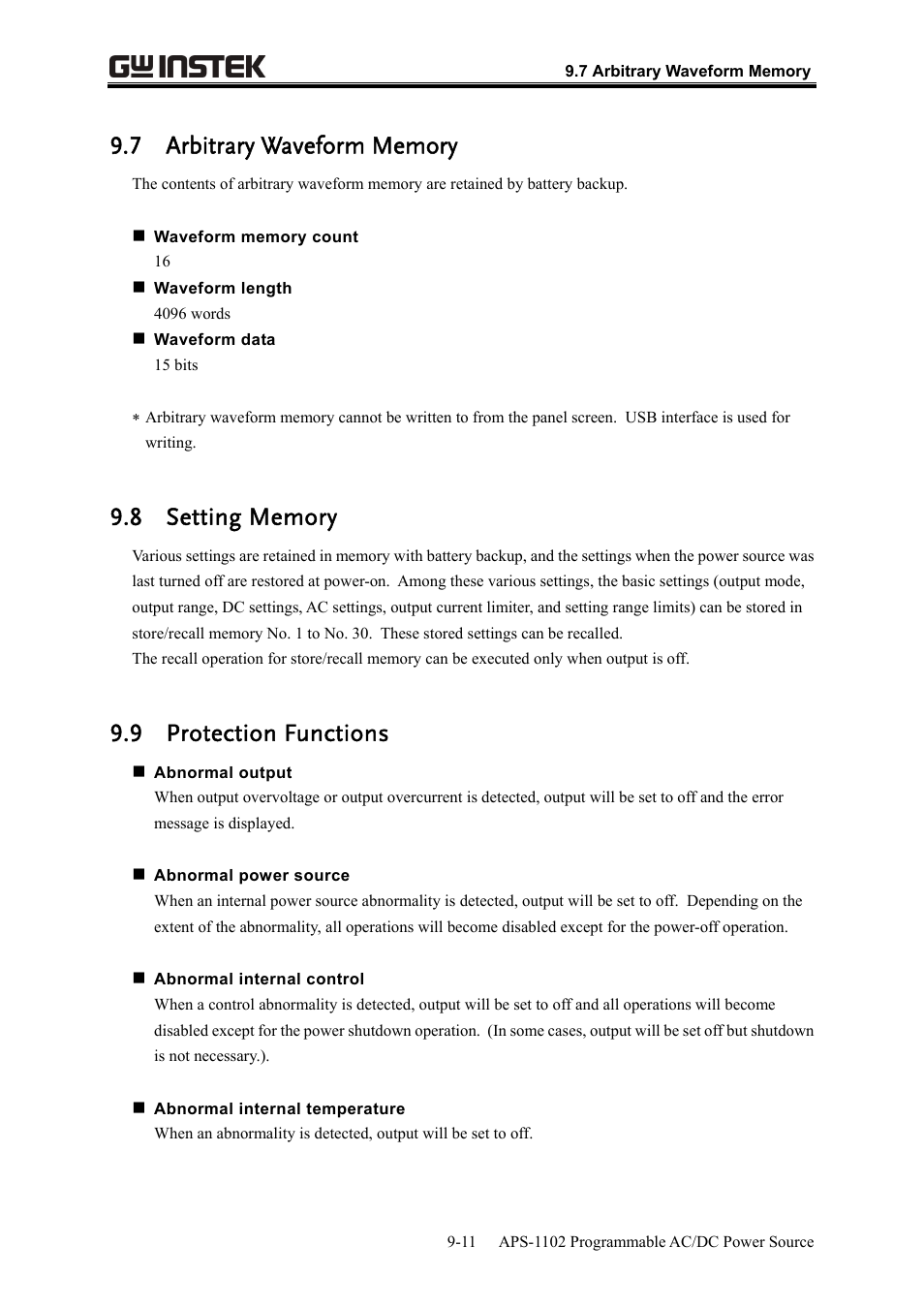9 protection functions | GW Instek APS-1102 User Manual User Manual | Page 259 / 265