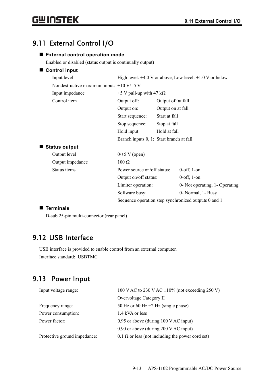 11 external control i/o, 12 usb interface, 13 power input | GW Instek APS-1102 User Manual User Manual | Page 261 / 265