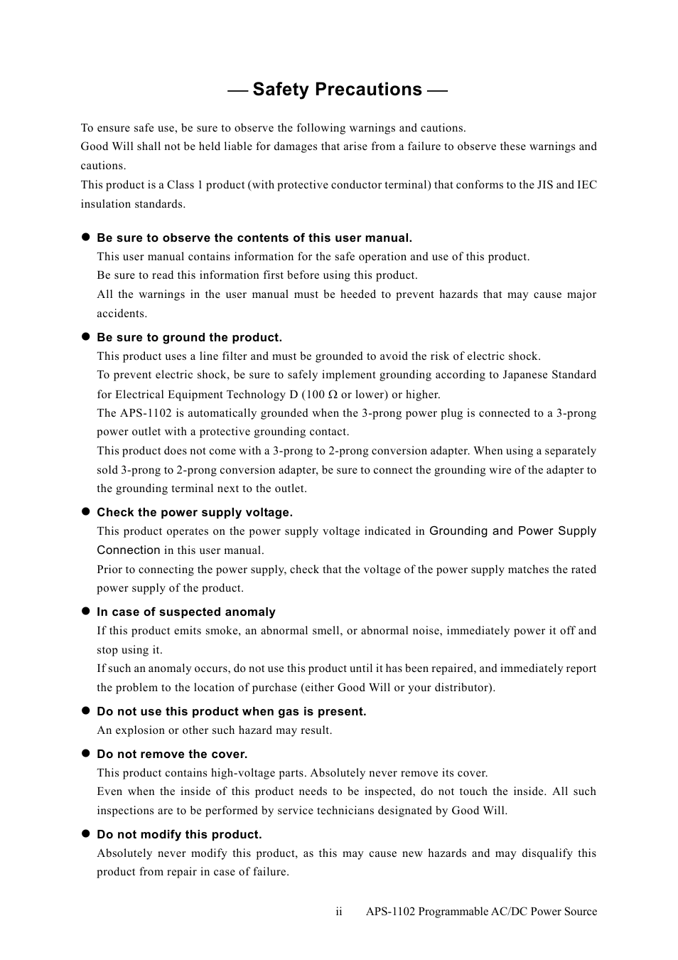 Safety precautions | GW Instek APS-1102 User Manual User Manual | Page 4 / 265