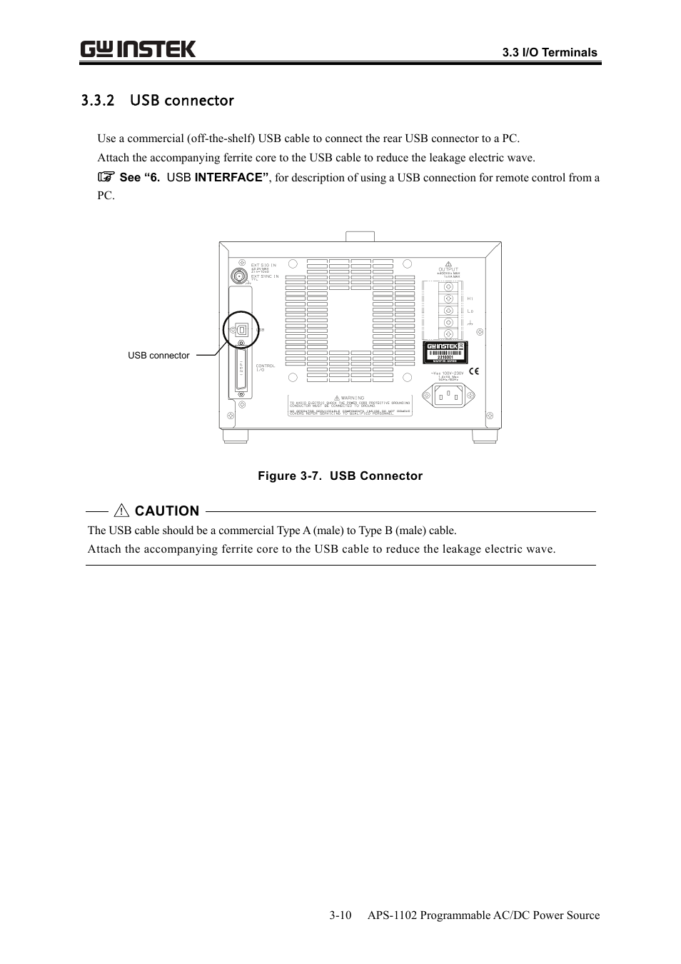 2 usb connector, Caution | GW Instek APS-1102 User Manual User Manual | Page 40 / 265