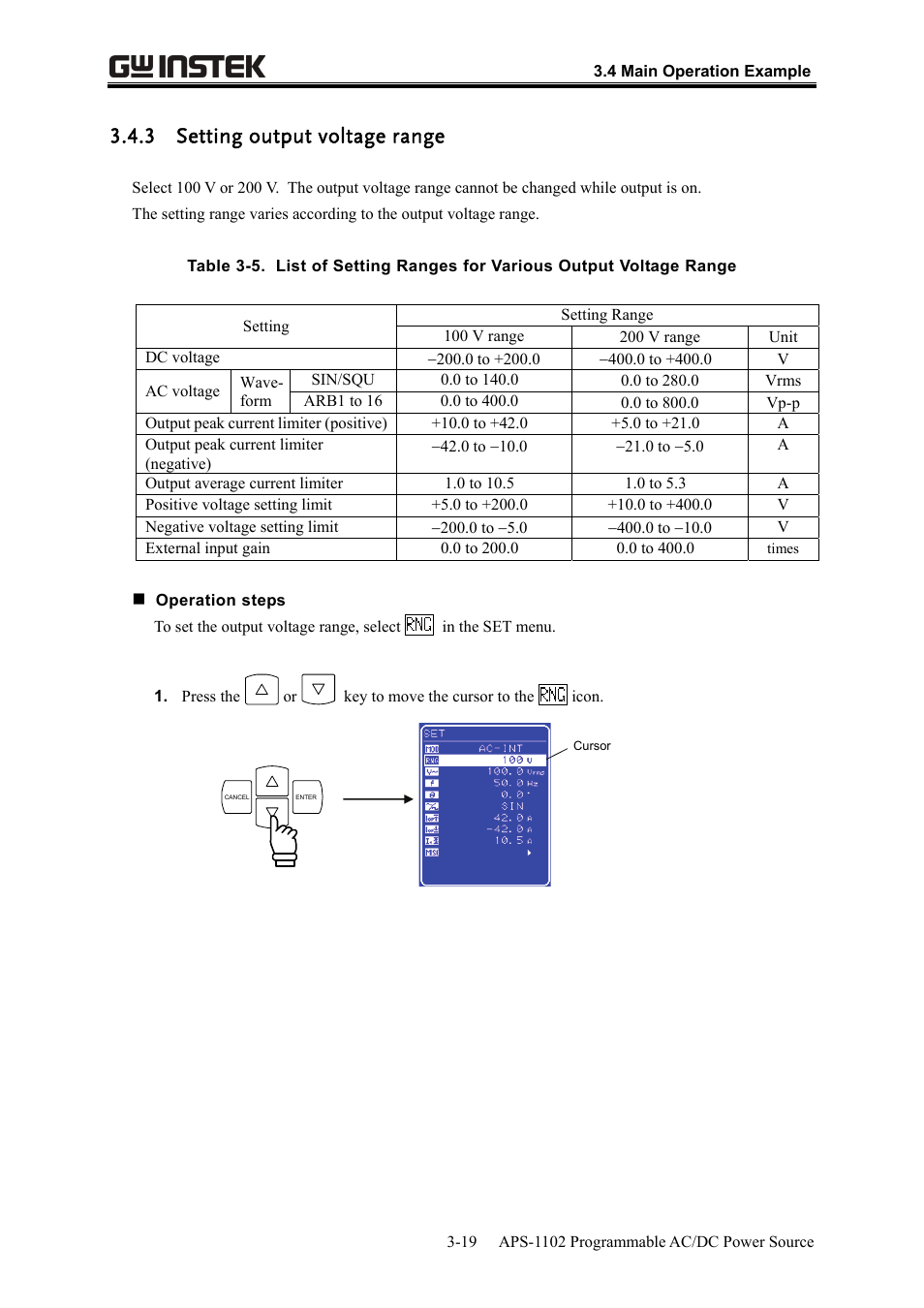 3 setting output voltage range | GW Instek APS-1102 User Manual User Manual | Page 49 / 265