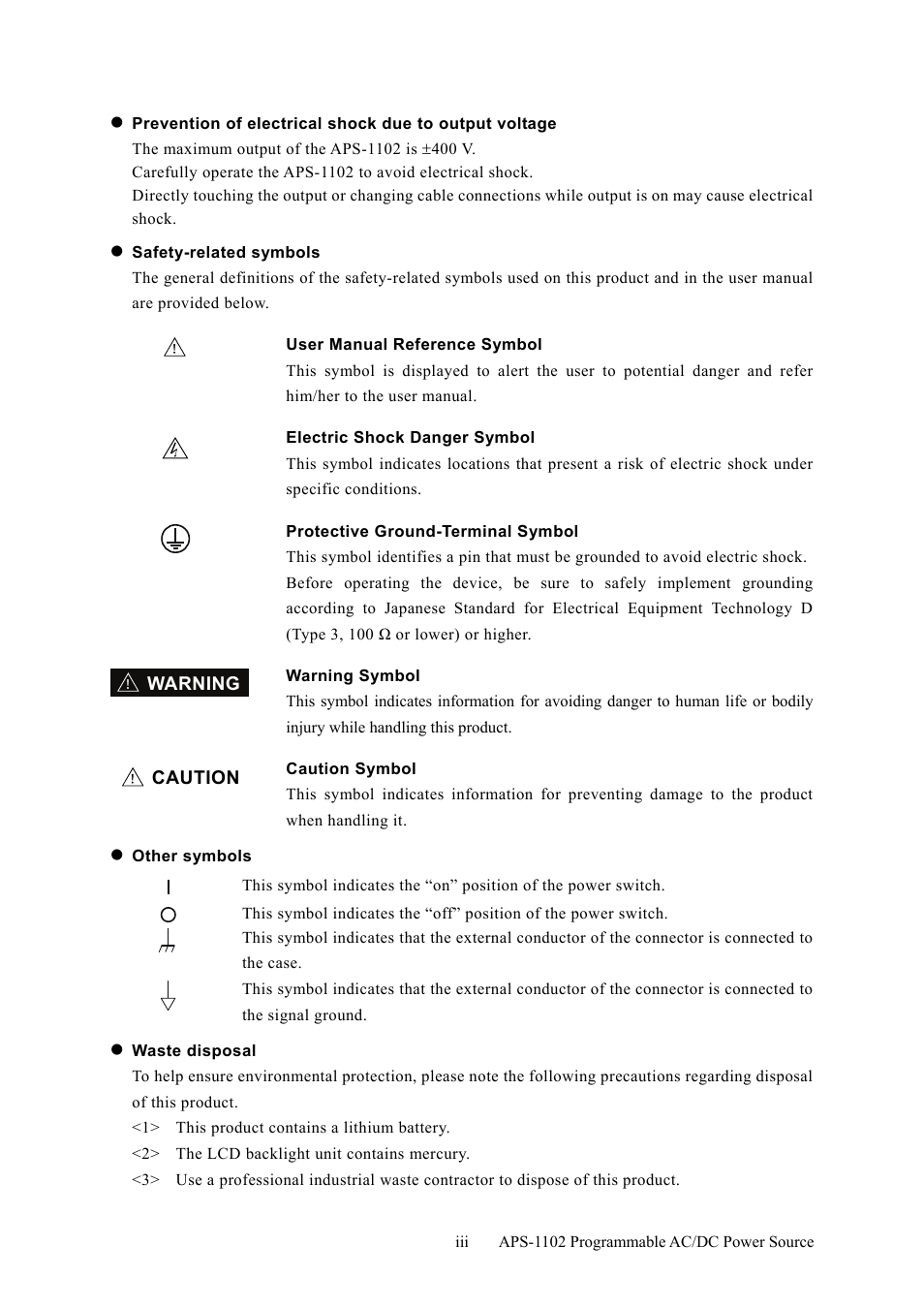 Caution warning | GW Instek APS-1102 User Manual User Manual | Page 5 / 265