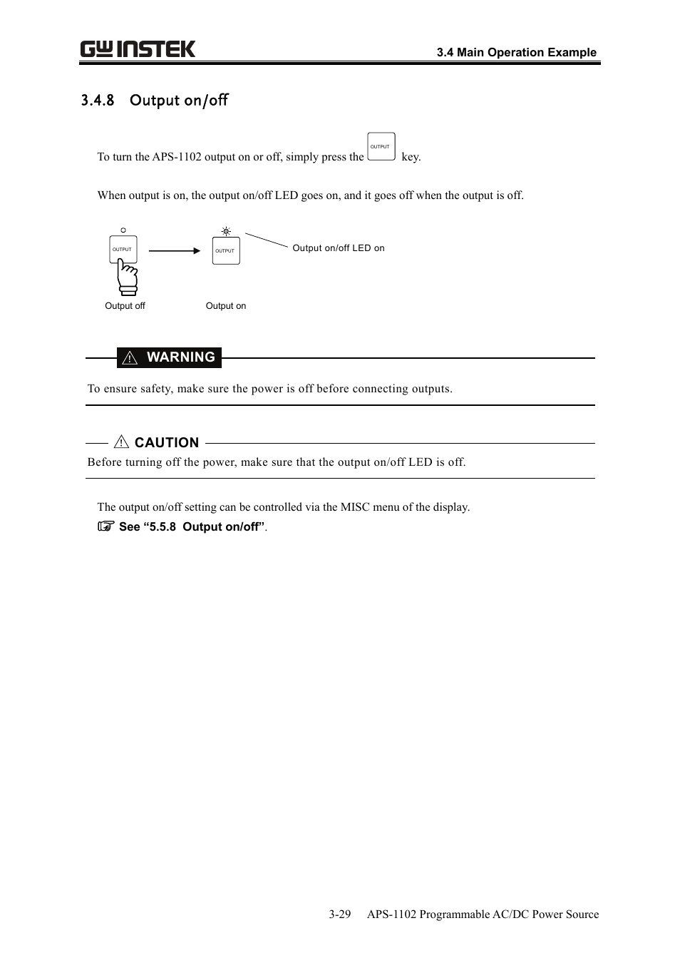 8 output on/off, Warning, Caution | GW Instek APS-1102 User Manual User Manual | Page 59 / 265