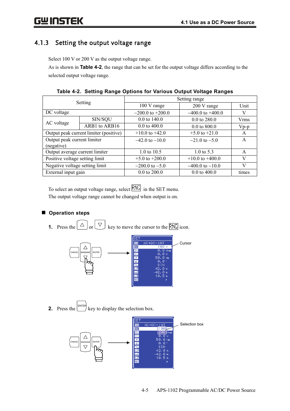 3 setting the output voltage range | GW Instek APS-1102 User Manual User Manual | Page 69 / 265