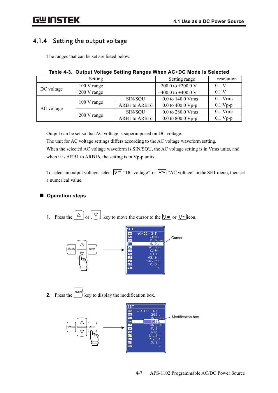 4 setting the output voltage | GW Instek APS-1102 User Manual User Manual | Page 71 / 265