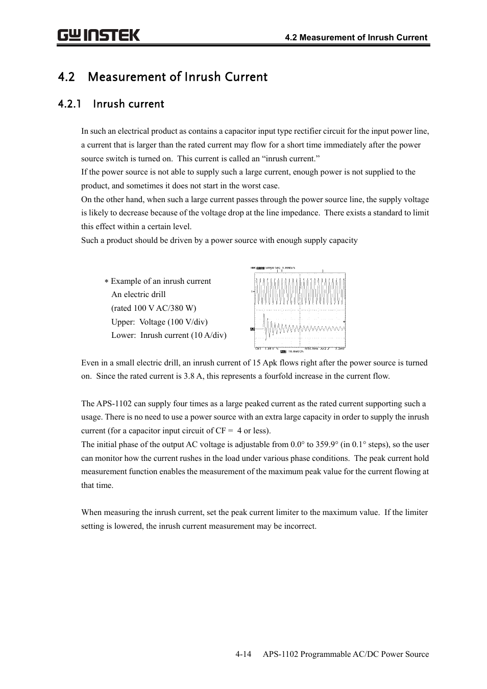 2 measurement of inrush current, 1 inrush current | GW Instek APS-1102 User Manual User Manual | Page 78 / 265