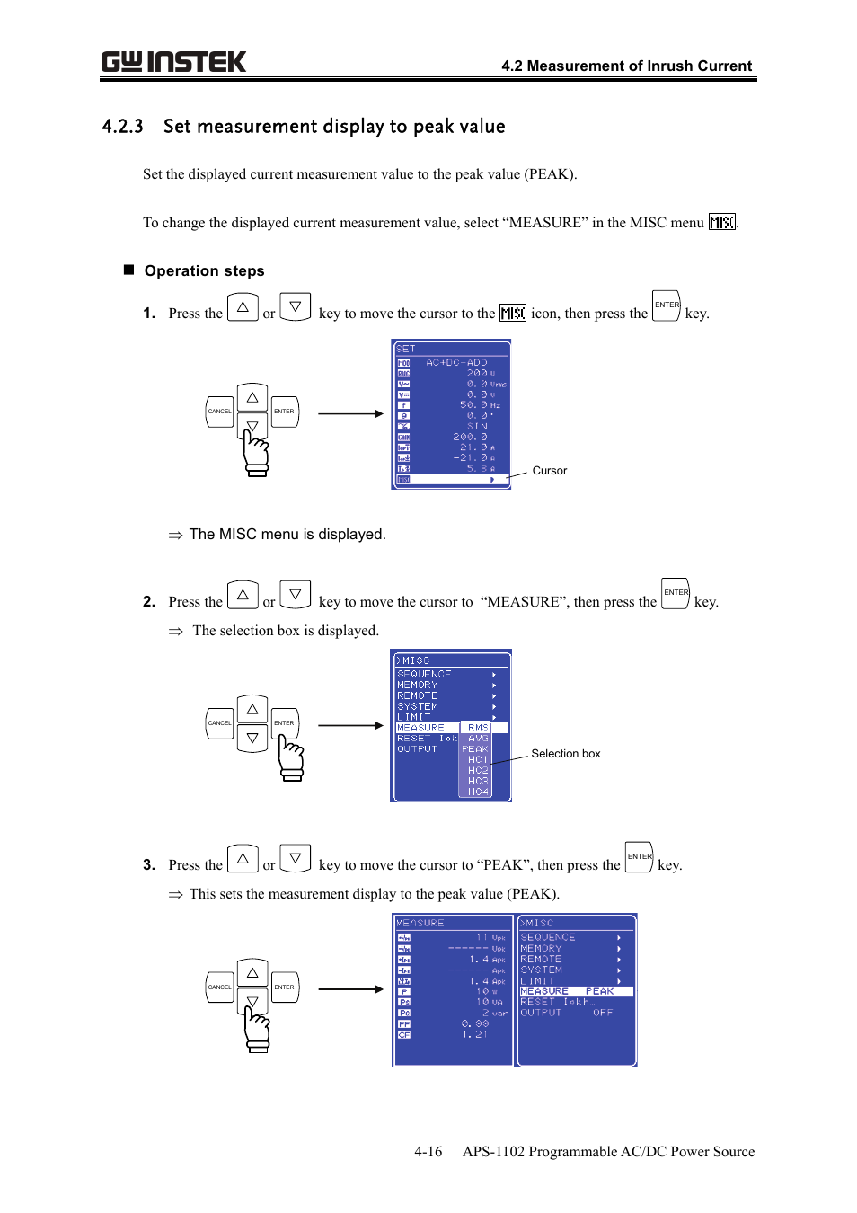 3 set measurement display to peak value | GW Instek APS-1102 User Manual User Manual | Page 80 / 265