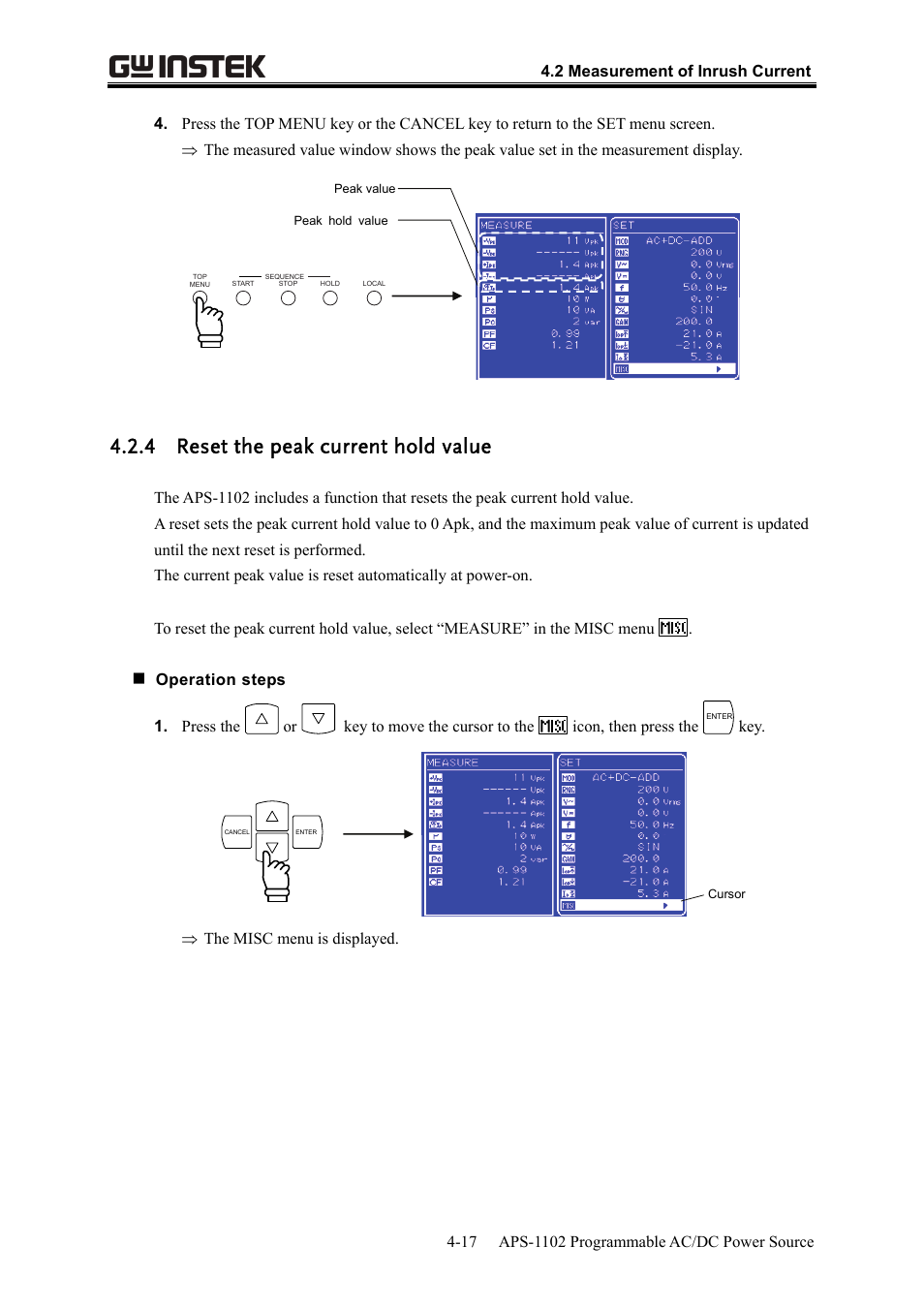 4 reset the peak current hold value | GW Instek APS-1102 User Manual User Manual | Page 81 / 265