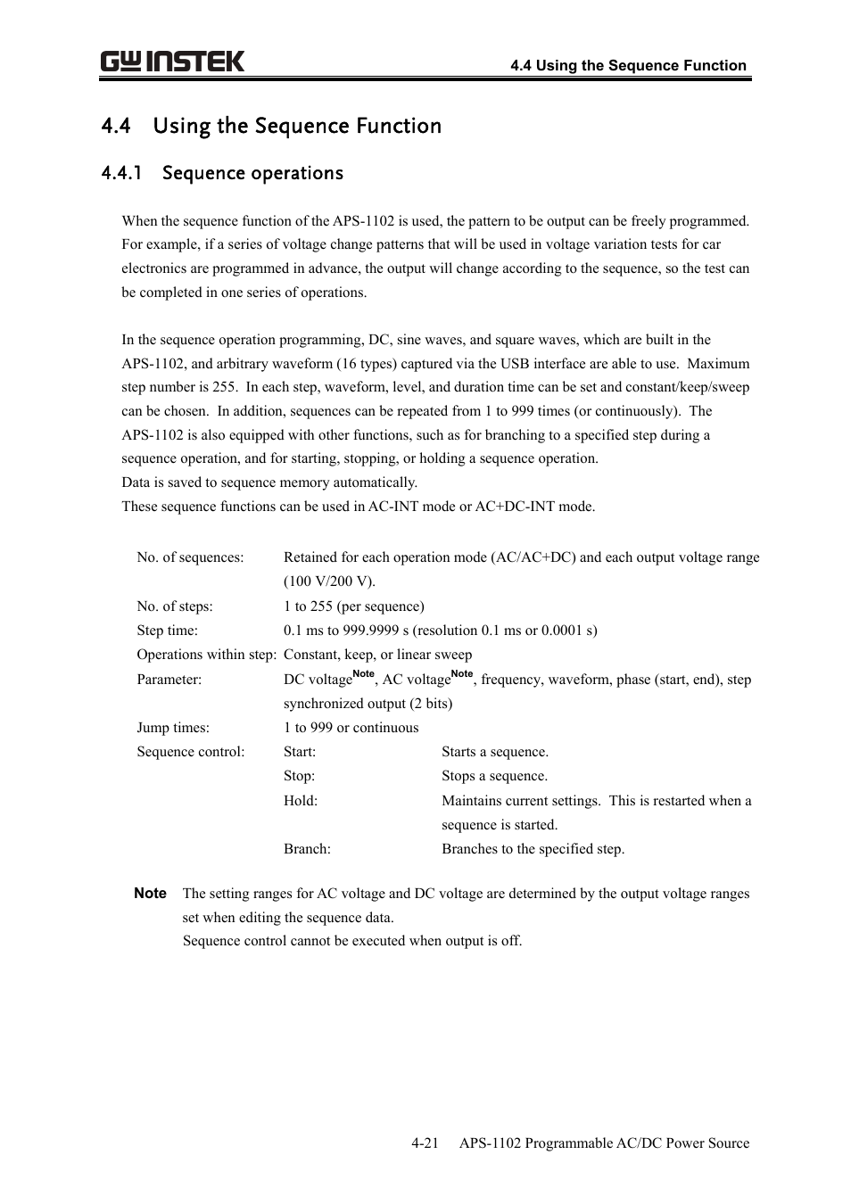 4 using the sequence function, 1 sequence operations | GW Instek APS-1102 User Manual User Manual | Page 85 / 265