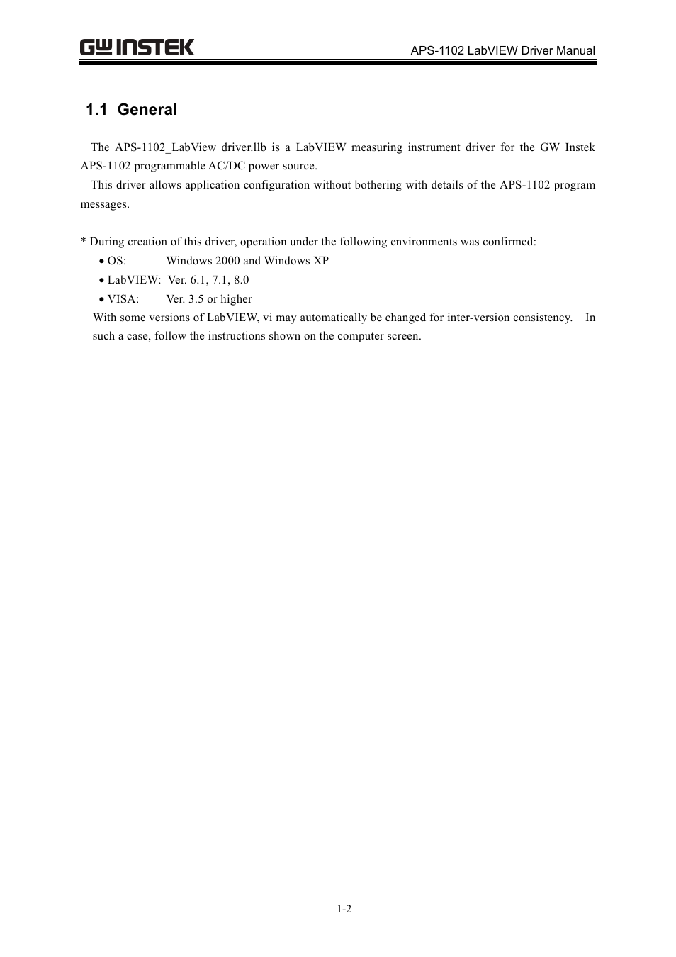 1 general | GW Instek APS-1102 LabVIEW Driver User Manual User Manual | Page 8 / 38