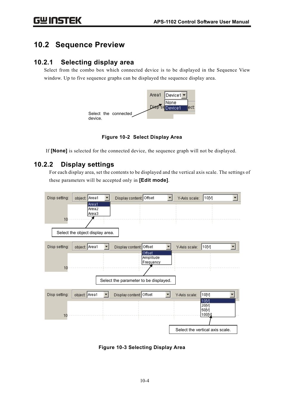 2 sequence preview, 1 selecting display area, 2 display settings | GW Instek APS-1102 Control Software User Manual User Manual | Page 110 / 134