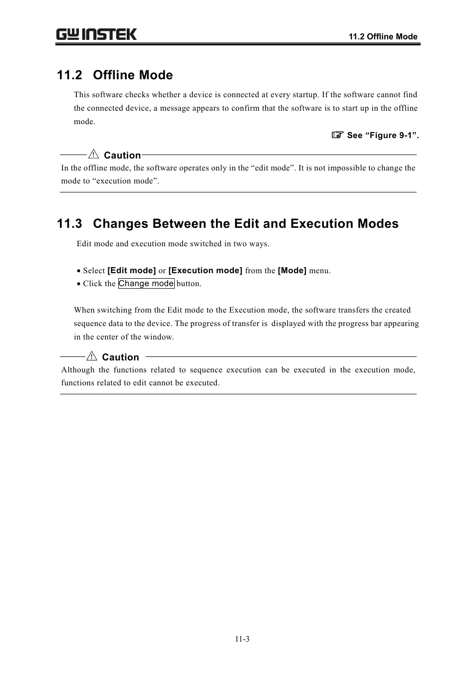 2 offline mode, 3 changes between the edit and execution modes | GW Instek APS-1102 Control Software User Manual User Manual | Page 117 / 134