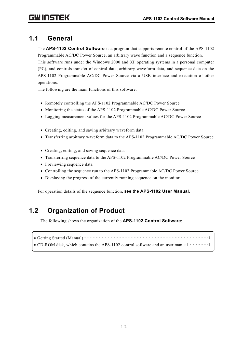 1 general, 2 organization of product | GW Instek APS-1102 Control Software User Manual User Manual | Page 14 / 134