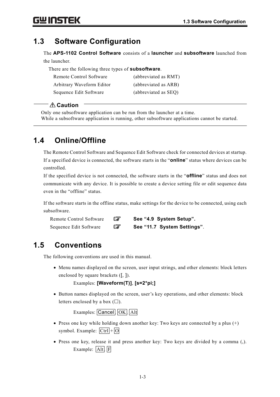 3 software configuration, 4 online/offline, 5 conventions | Caution | GW Instek APS-1102 Control Software User Manual User Manual | Page 15 / 134