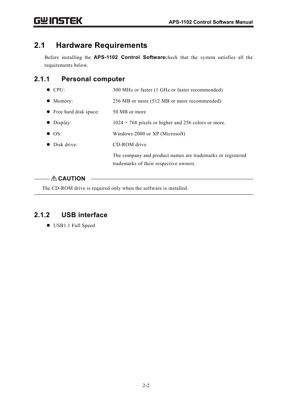 1 hardware requirements, 1 personal computer, 2 usb interface | GW Instek APS-1102 Control Software User Manual User Manual | Page 18 / 134